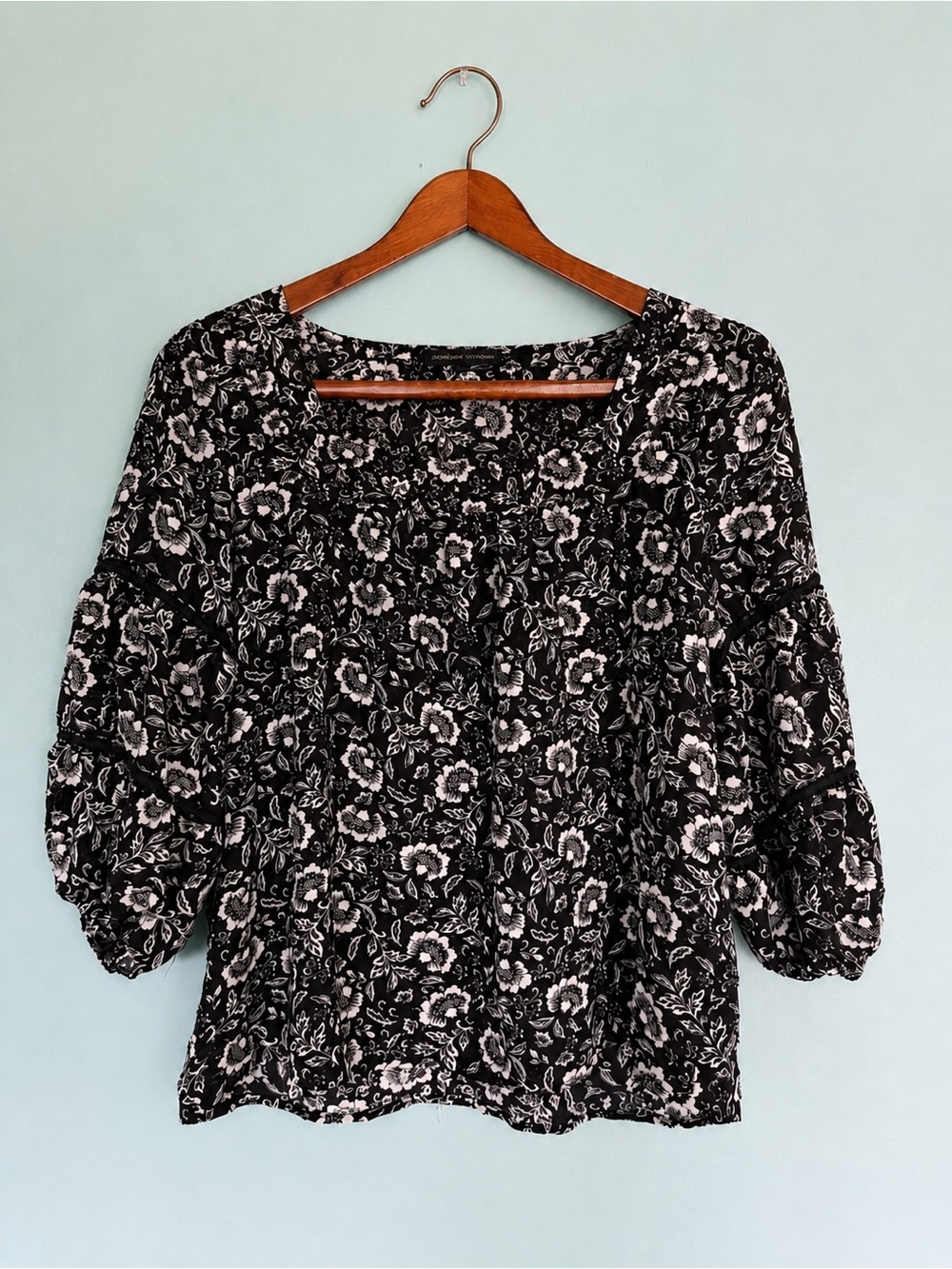 Adrienne Vittadini Black Floral Blouse Puff Sleeve Square Neck Boho L